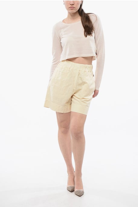 Linen Blend Shorts with Elastic Waistband in Beige - Image 4