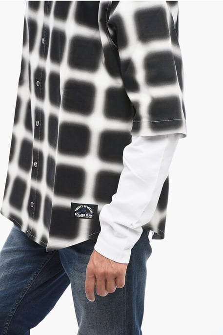Snap Buttoned BLURRED CHECK Cotton Shirt in Black & White - Image 3