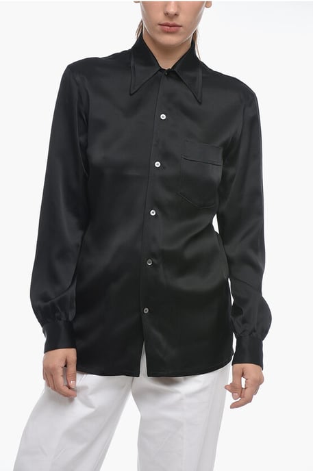 MM1 Satin Shirt with Spread Collar in Black - Image 1