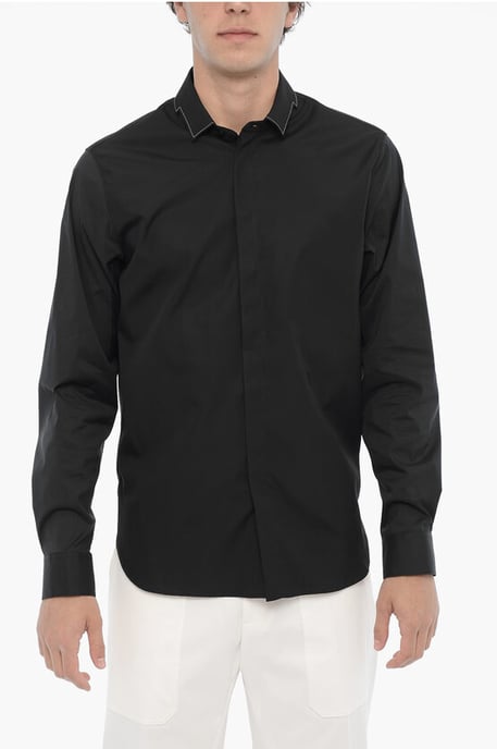Slim Fit CUT OUT BOLT Shirt with Hidden Buttoning in Black - Image 1