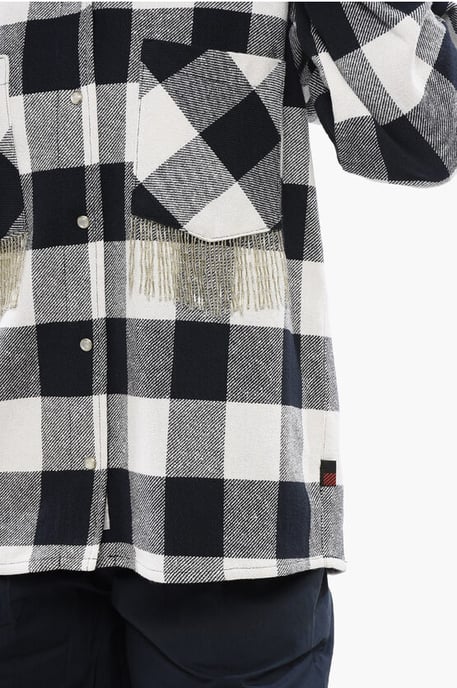 Plaid Check Cotton Blend Shirt with Fringed Details in Black & White - Image 3