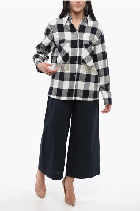 Plaid Check Cotton Blend Shirt with Fringed Details in Black & White - Image 4