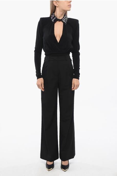 Cut-out SUOKA Bodysuit with Padded Shoulders in Black - Image 1