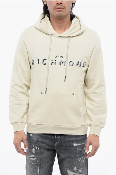 Brushed Cotton Hoodie With Embroidered Logo in Beige - Image 1