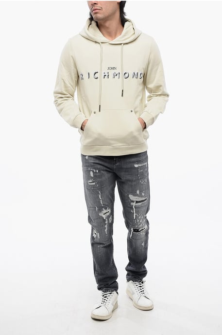 Brushed Cotton Hoodie With Embroidered Logo in Beige - Image 4
