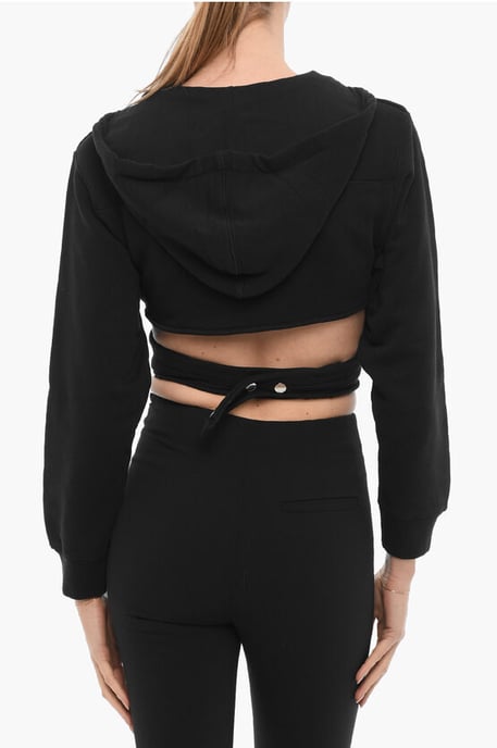 Solid Color Crop Hoodie to Wrap at the Waist in Black - Image 2