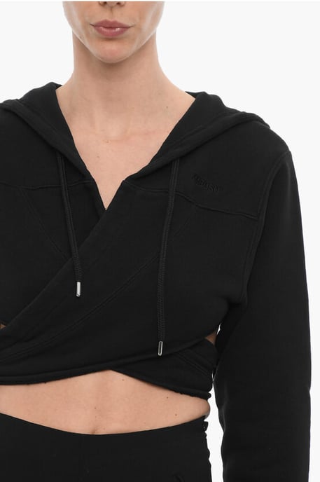 Solid Color Crop Hoodie to Wrap at the Waist in Black - Image 3