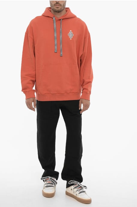 Cotton OPTICAL CROSS Hoodie with Patch Pocket in Red - Image 4