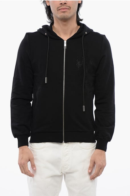 Brushed Cotton Zipped Hoodie With Strass Tribal in Black - Image 1