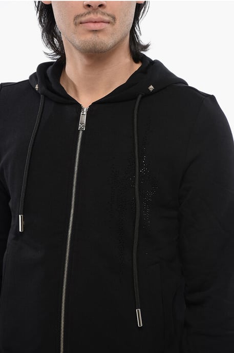 Brushed Cotton Zipped Hoodie With Strass Tribal in Black - Image 3