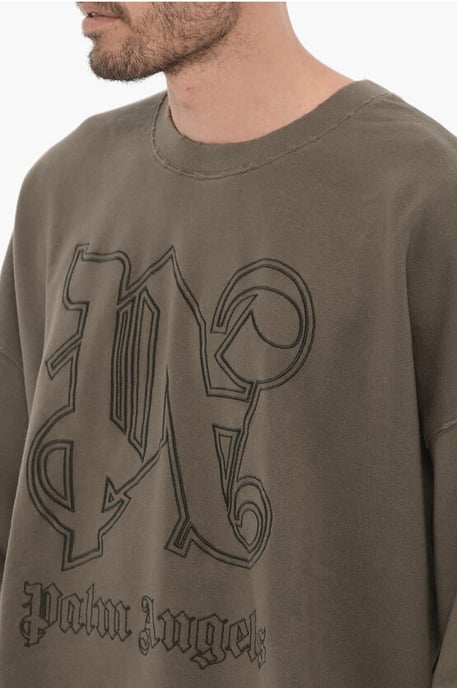 Vintage Effect Crew-Neck Sweatshirt with Embossed Monogram in Military Green - Image 3