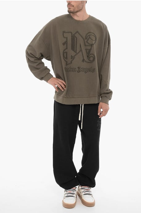 Vintage Effect Crew-Neck Sweatshirt with Embossed Monogram in Military Green - Image 4