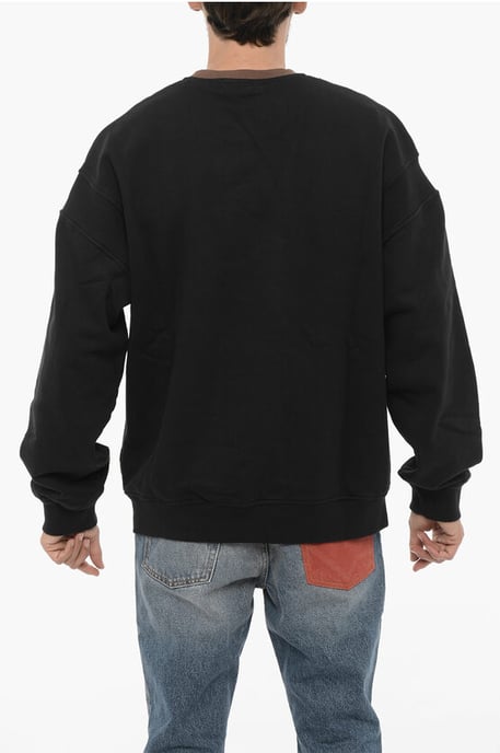 Fleeced Cotton VARSITY Crew-neck Sweatshirt in Marrone, Nero - Image 2