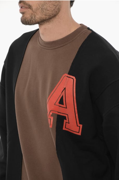 Fleeced Cotton VARSITY Crew-neck Sweatshirt in Marrone, Nero - Image 3
