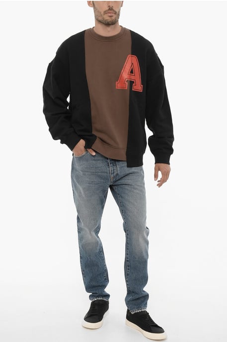 Fleeced Cotton VARSITY Crew-neck Sweatshirt in Marrone, Nero - Image 4