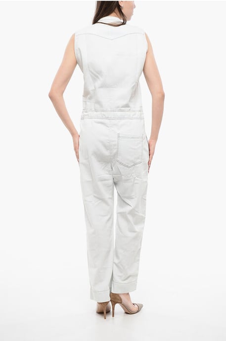 Sleeveless Denim Jumpsuit with Drawstringed Waist in White - Image 2