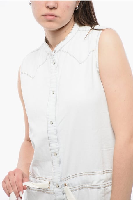 Sleeveless Denim Jumpsuit with Drawstringed Waist in White - Image 3