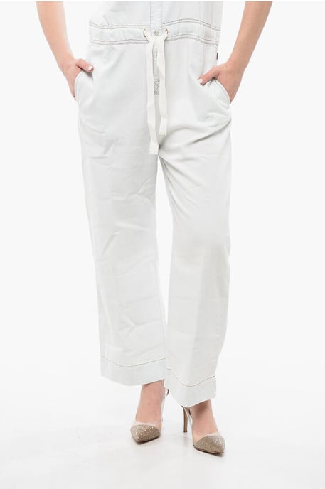 Sleeveless Denim Jumpsuit with Drawstringed Waist in White - Image 4