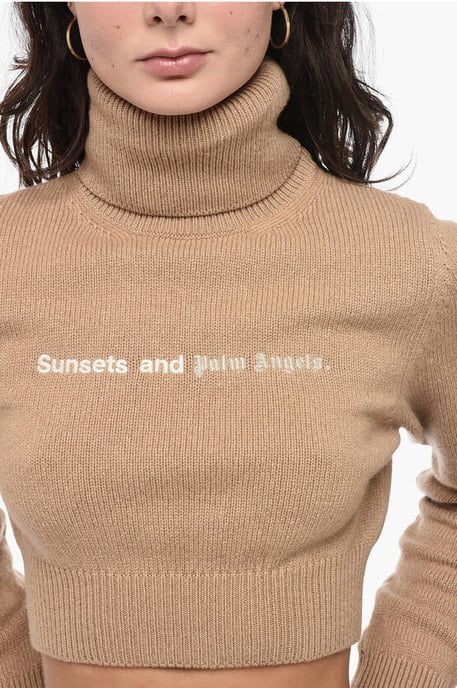 Embroidered Cropped SUNSET Turtle Neck Sweater in Beige - Image 3