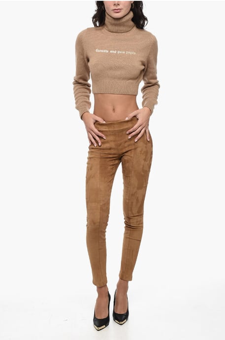 Embroidered Cropped SUNSET Turtle Neck Sweater in Beige - Image 4