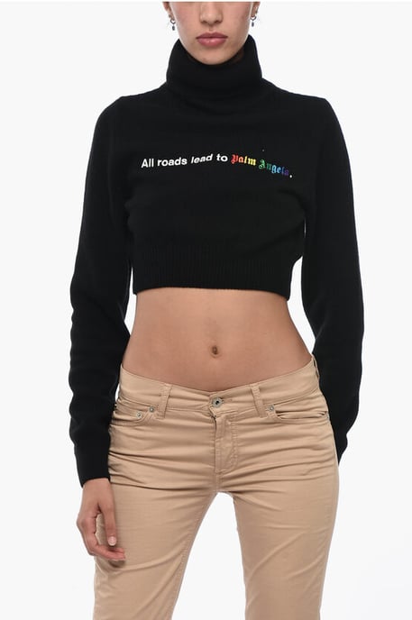 Embroidered Cropped ALL ROADS Turtle Neck Sweater - Image 1