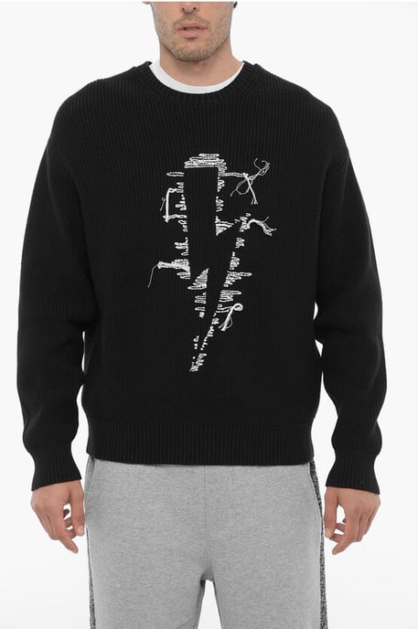 Crew Neck STITCHED BOLT Cotton Blend Sweater in Black - Image 1