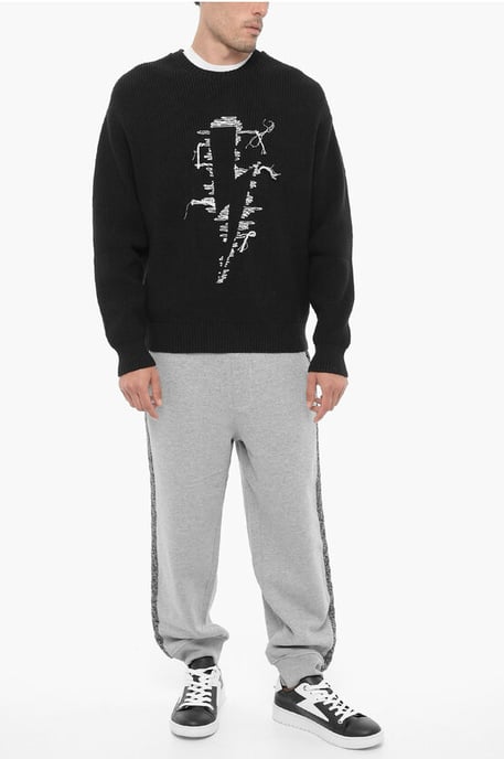 Crew Neck STITCHED BOLT Cotton Blend Sweater in Black - Image 3
