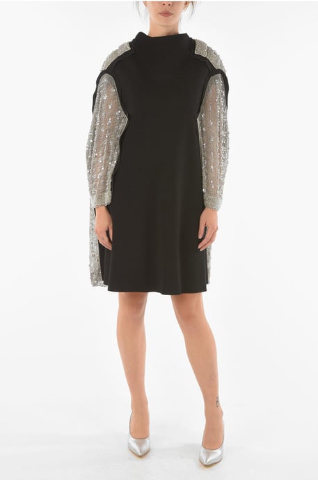 Beaded Sequined Back and Sleeve Midi Dress in Black - Image 1