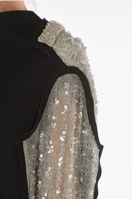 Beaded Sequined Back and Sleeve Midi Dress in Black - Image 3