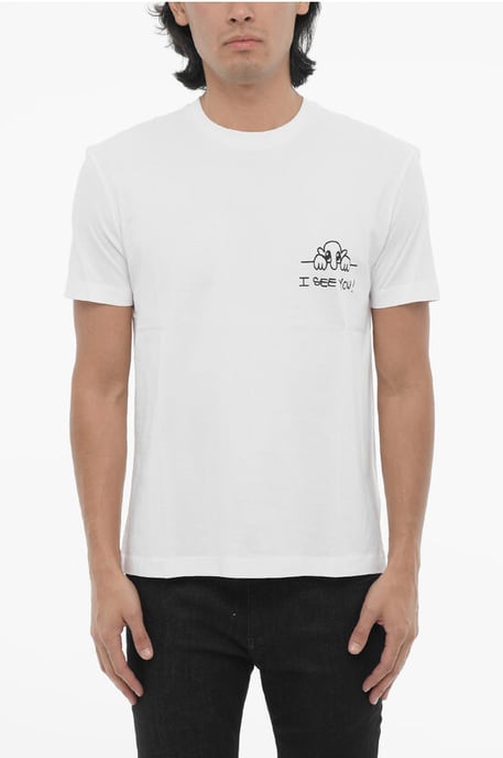 Vit t-shirt med rund hals och smal passform i bomull, I SEE YOU - Image 1