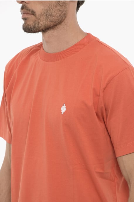 Solid Color Crew-neck T-Shirt with Cross Embroidery in Orange - Image 3