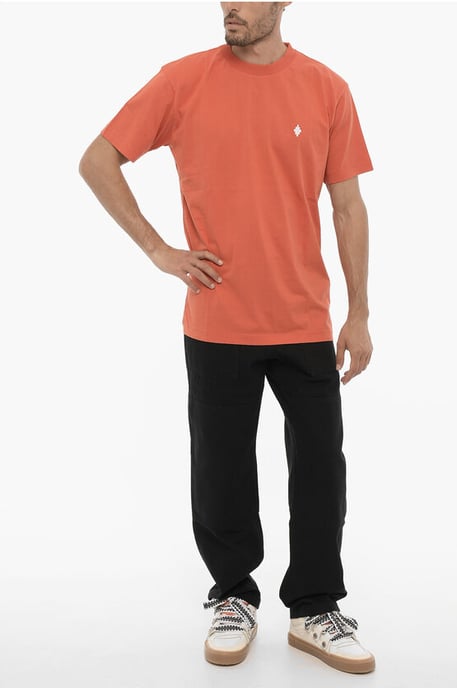 Solid Color Crew-neck T-Shirt with Cross Embroidery in Orange - Image 4