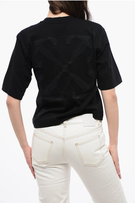 Cropped Crew-neck T-shirt with Bck Maxi Embroidery in Black - Image 2