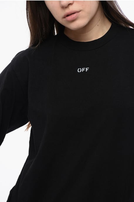Cropped Crew-neck T-shirt with Bck Maxi Embroidery in Black - Image 3