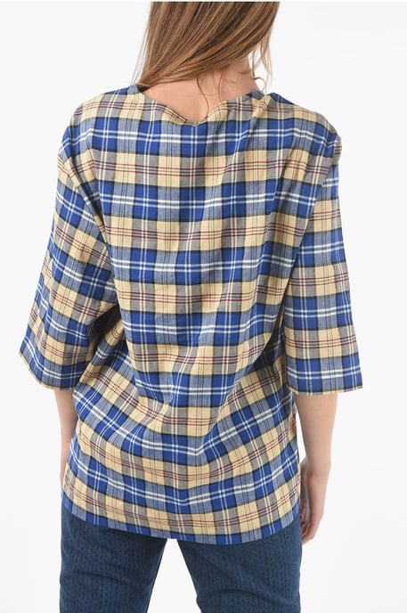 Plaid Checked Oversized T-shirt with Maxi Monogram Patch in Multicolor - Image 2