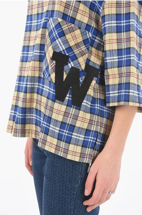 Plaid Checked Oversized T-shirt with Maxi Monogram Patch in Multicolor - Image 3
