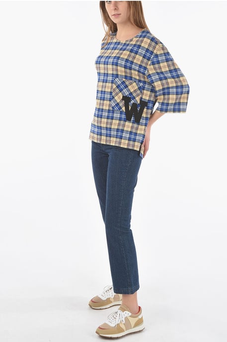 Plaid Checked Oversized T-shirt with Maxi Monogram Patch in Multicolor - Image 4
