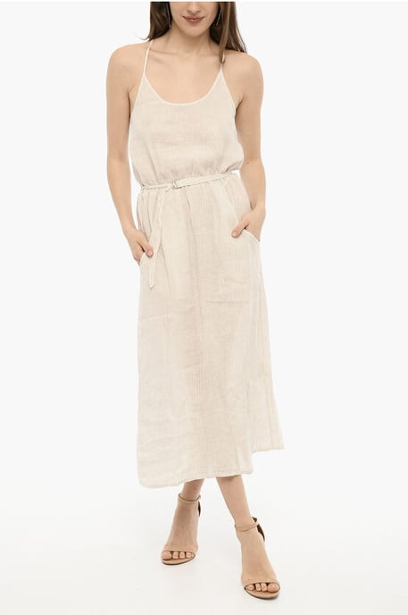 Awning Striped Linen Maxi Dress with Belt in Beige, Bianco - Image 1