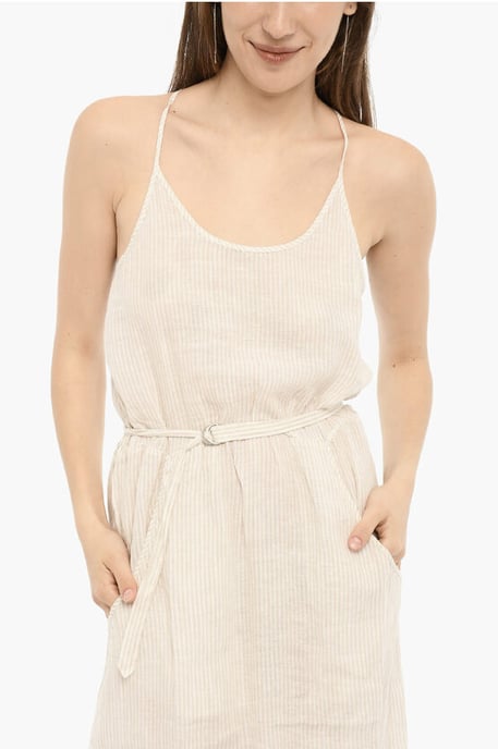 Awning Striped Linen Maxi Dress with Belt in Beige, Bianco - Image 3