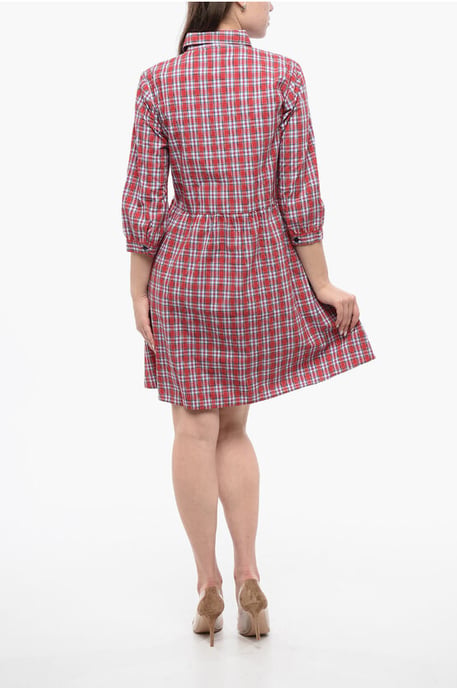 3/4-Sleeved Plaid Check Cotton Chemisier in Red - Image 2