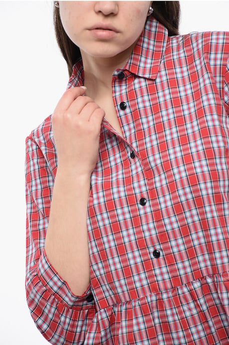 3/4-Sleeved Plaid Check Cotton Chemisier in Red - Image 3