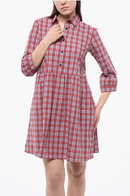 3/4-Sleeved Plaid Check Cotton Chemisier in Red - Image 4