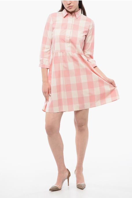 Checkered Long Sleeved Dress in Bianco, Rosa - Image 1
