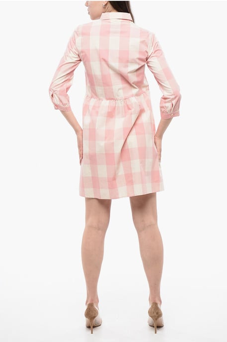 Checkered Long Sleeved Dress in Bianco, Rosa - Image 2