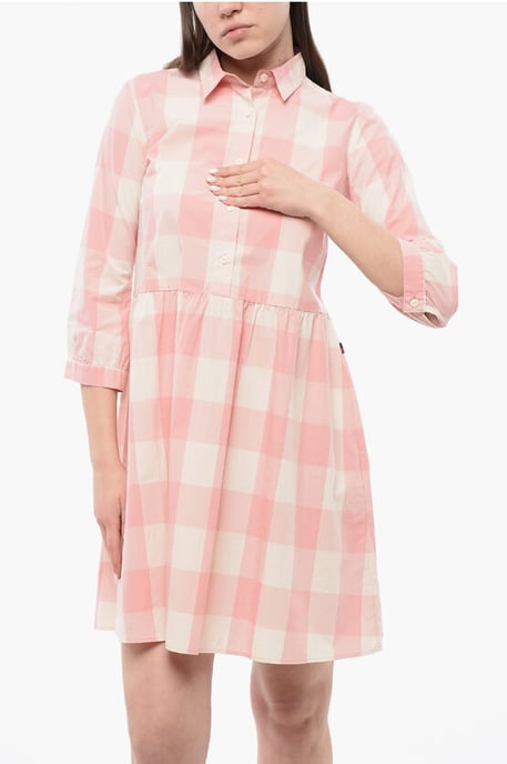 Checkered Long Sleeved Dress in Bianco, Rosa - Image 4