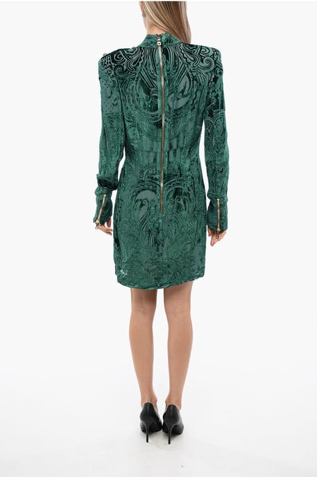 Long Sleeved Devore-Velvet Dress in Green - Image 2