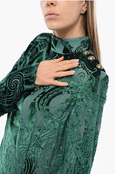 Long Sleeved Devore-Velvet Dress in Green - Image 3