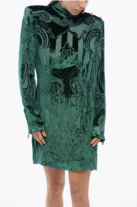 Long Sleeved Devore-Velvet Dress in Green - Image 4