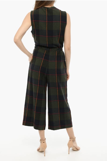 Plaid Check Wool Blend GAUZE Jumpsuit with Drawstring Waist in Green - Image 2