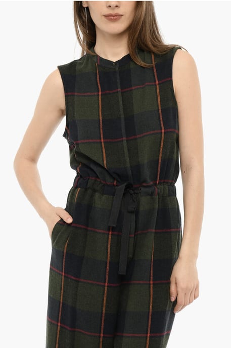 Plaid Check Wool Blend GAUZE Jumpsuit with Drawstring Waist in Green - Image 4